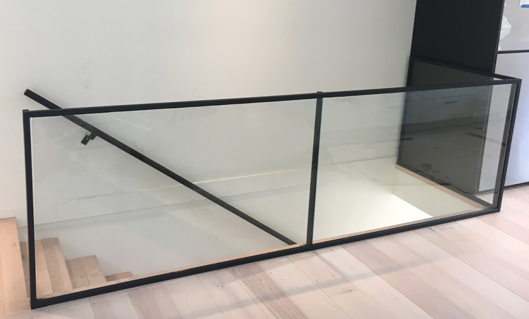 modern interior glass railing, flat black, vancouver